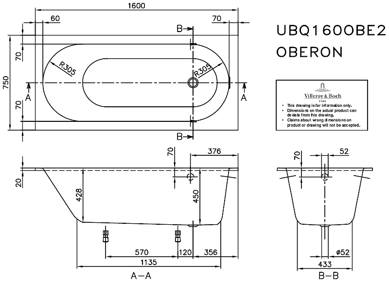 Квариловая ванна Villeroy & Boch Oberon 160x75 UBQ160OBE2V-01